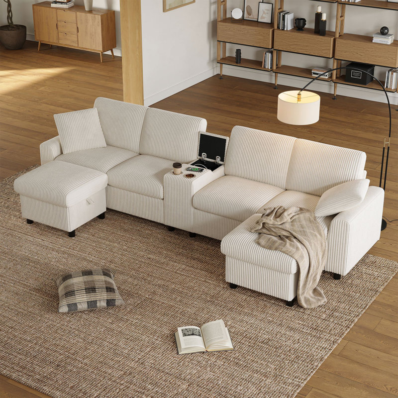 6 Seater Corduroy Sofa, Beige
