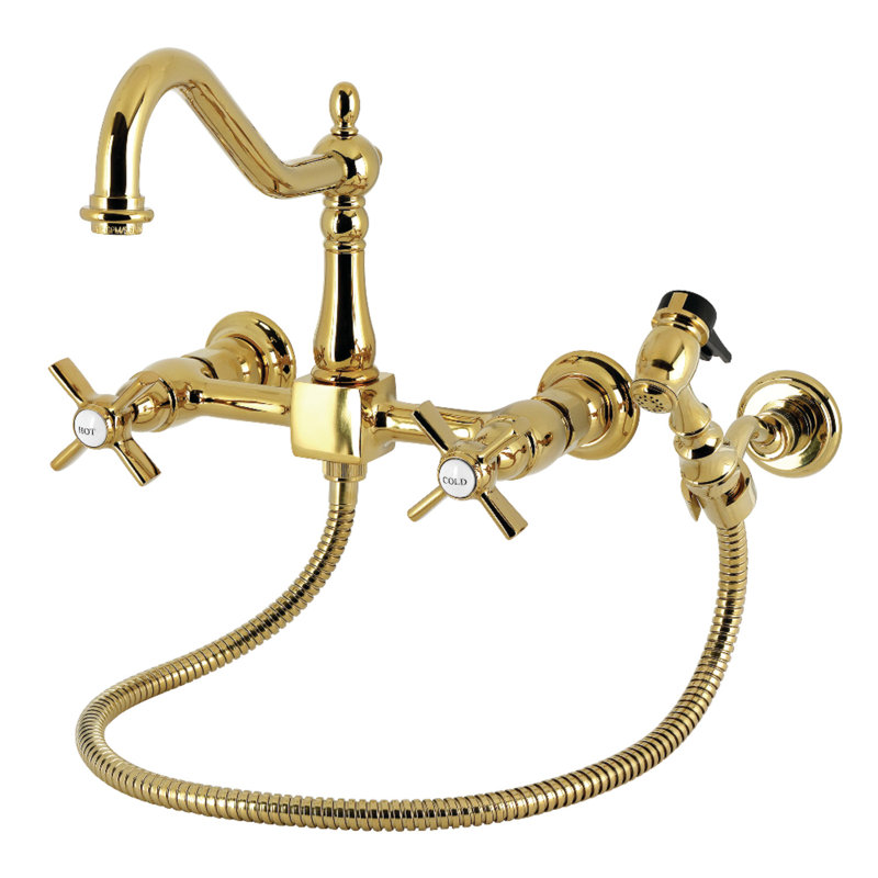 Kingston Brass Hamilton Double-Handle 3-Hole Wall-Mount Bridge Kitchen Faucet With Brass Sprayer, Polished Brass