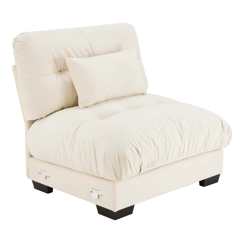 Fauteuil rembourré en velours avec accoudoirs et 1 coussin, Crème