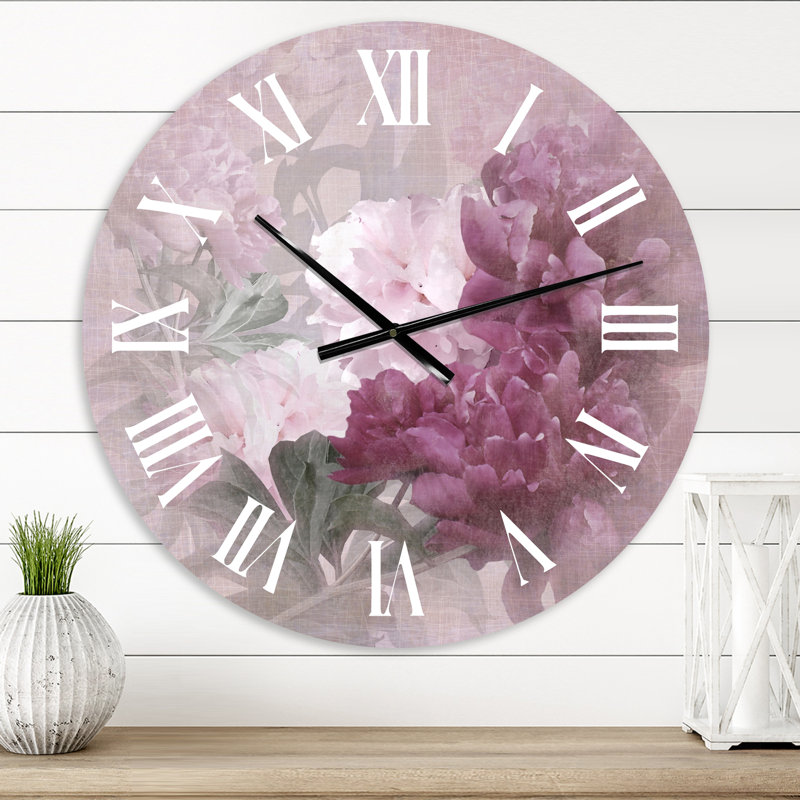Horloge murale rétro - fleurs mauves et roses II, Moyen