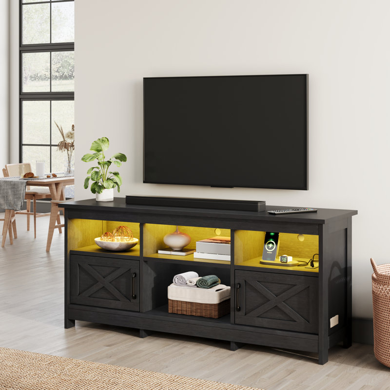 Meuble télé pour téléviseur avec lumières Ushna, Noir, H 25,5 po x l 59 po x P 15,7 po