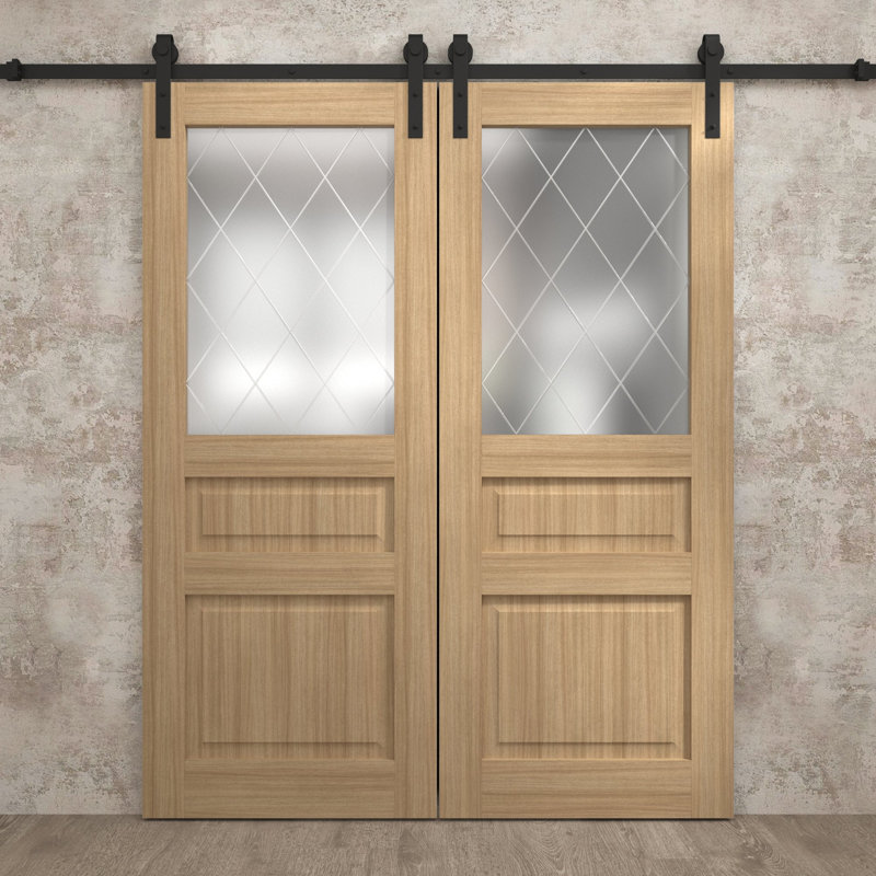Porte de grange double moderne | Ego 5011 | Ensemble de rail | Portes intérieures solides, Chêne naturel, 48 po x 96 po