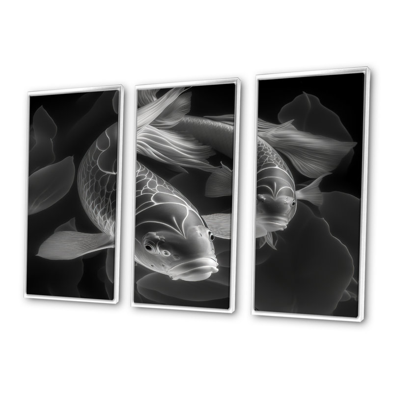 Mono Koi Fish - 3 pièces sur toile, H 20 po x l 36 po x P 1 po, Cadre flottant blanc
