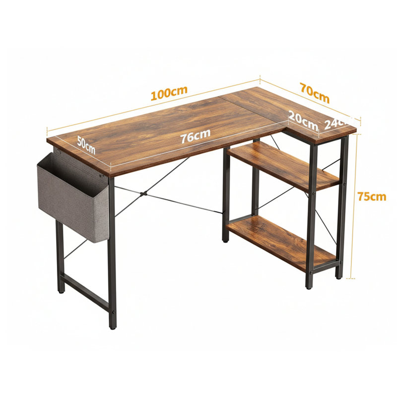 L-Shaped Metal Base Computer Desk, Brown/Black
