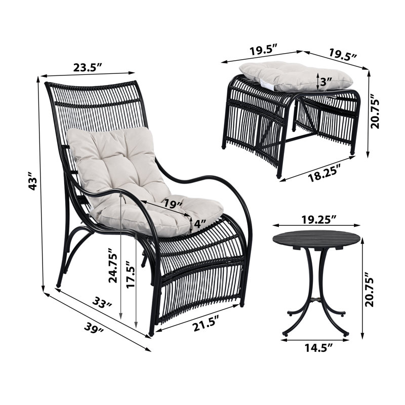 3 Piece Wicker Patio Conversation Set With Cushions, Ottoman, Table, Black/Beige