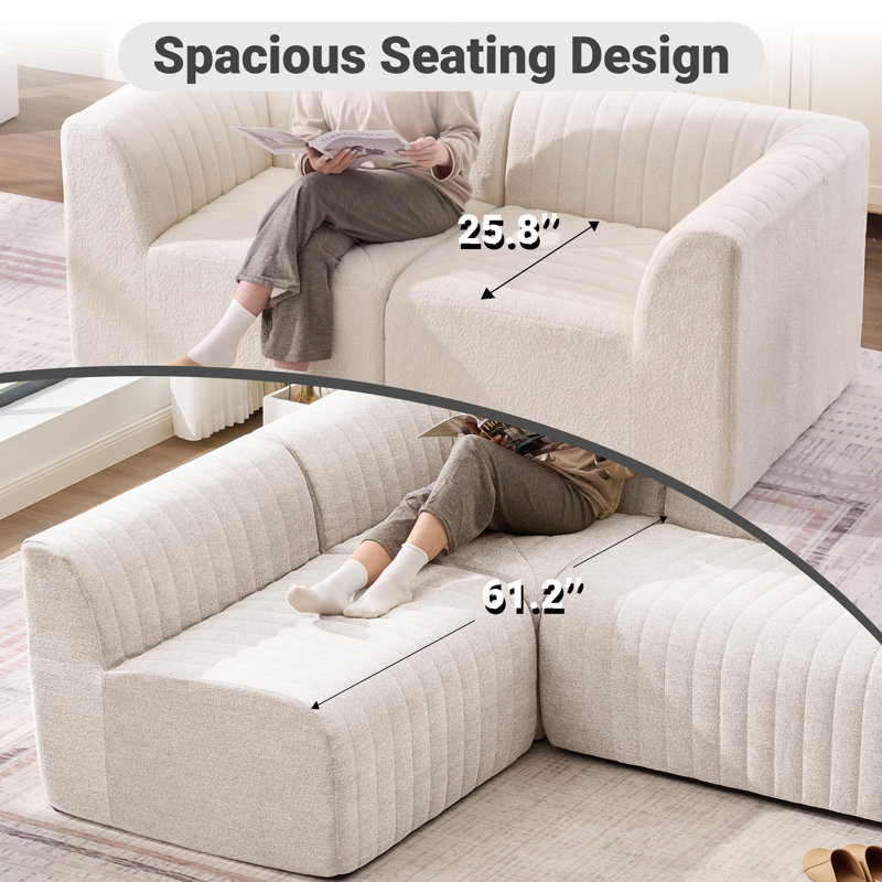 88" Wide Modular Upholstered L-Sectional Modern Chenille Channel Tufted Sofa Set Compression, Beige Chenille