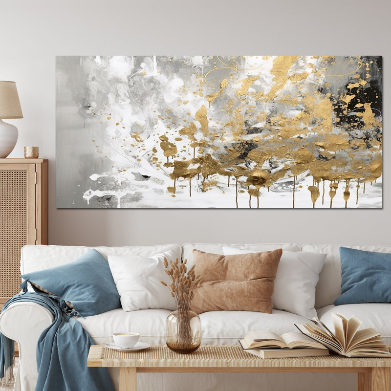 «Croll White and Gold Modern Abstract», reproduction sur toile, Gold Picture Framed, 16" H x 32" W