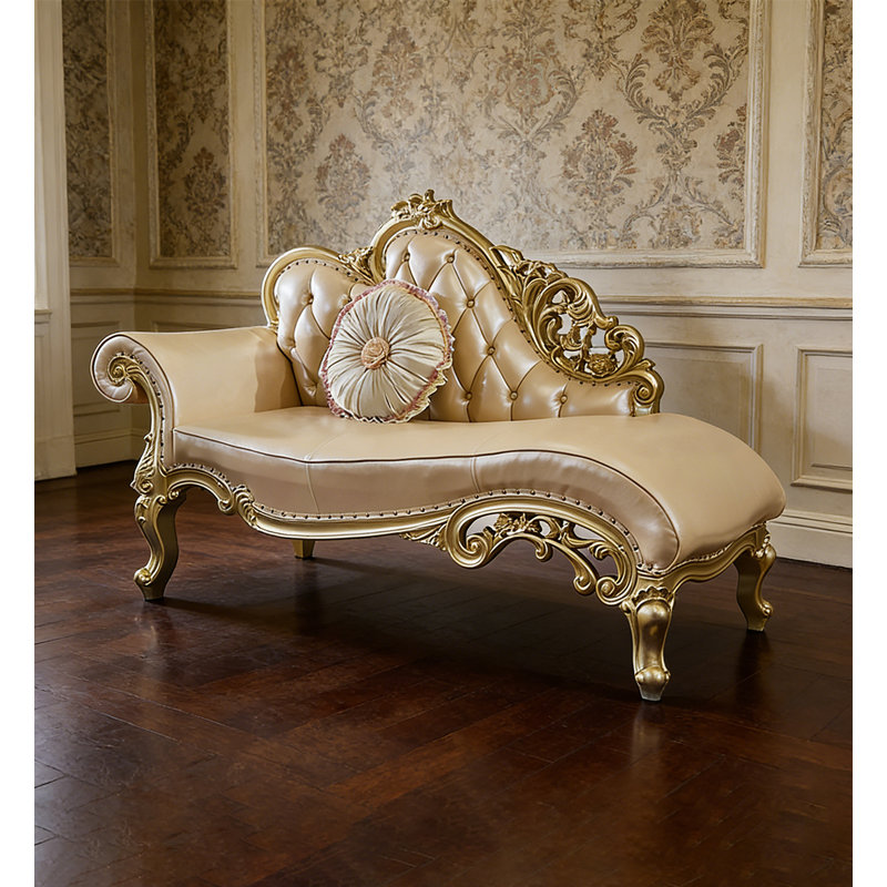 Chaise longue de style européen en bois massif, cuir et or sculpté, pour chambre et salon
