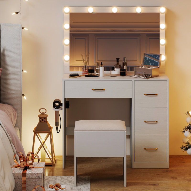 Coiffeuse avec miroir et lumières avec coiffeuse et tabouret de rangement