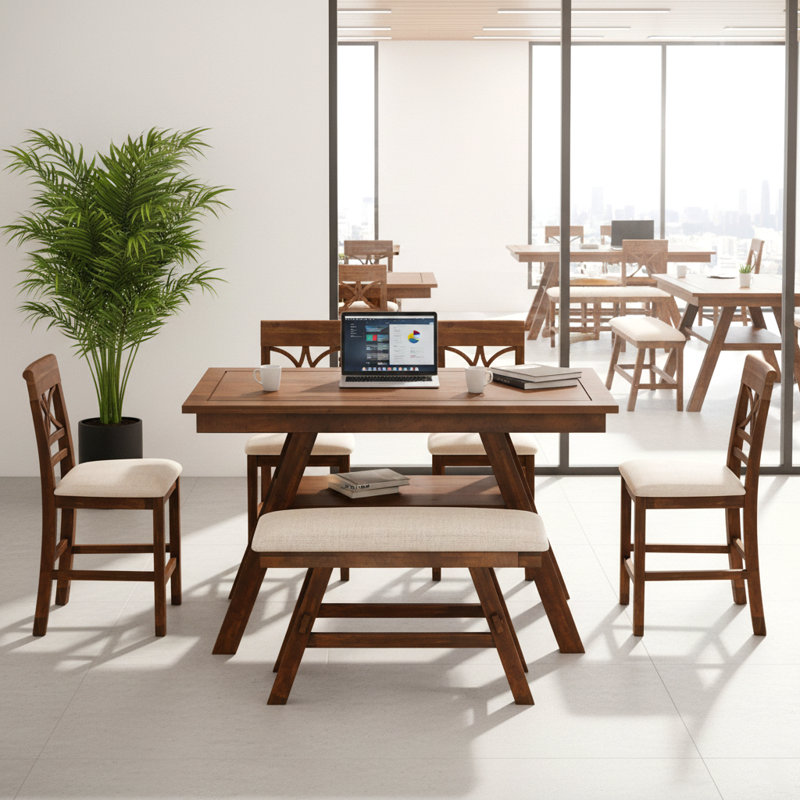 Ensemble de table de salle à manger à hauteur de comptoir 6 pièces avec tablette de rangement, Brun