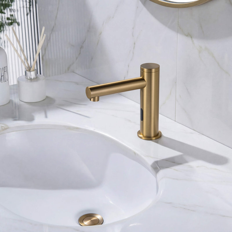 Robinet de salle de bain circulaire sans contact avec bonde escamotable - à brancher ou à piles, Laiton brossé