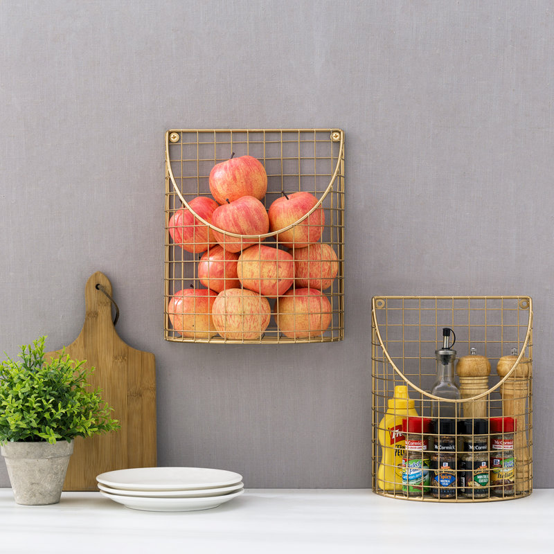 Metal 2 Piece Decorative Basket Set, Brass