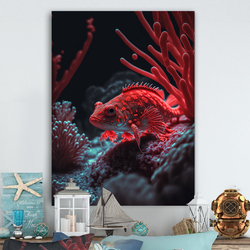 Leonie, poisson tropical dans les tons de rouge et de bleu II - reproduction sur toile, L 12 po x H 20 po, Toile tendue