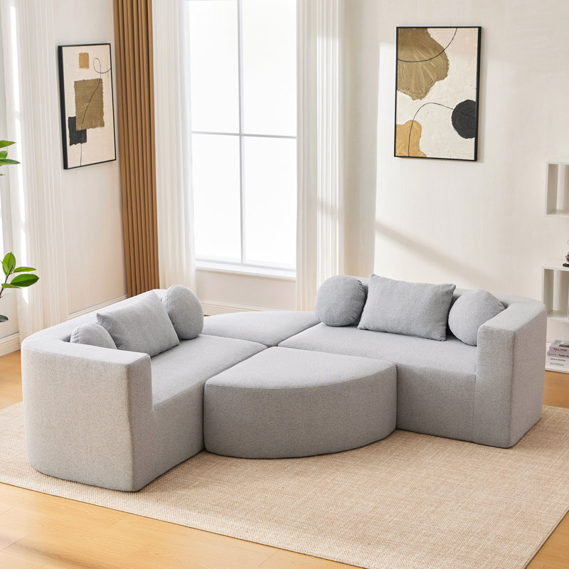 114.9" Boneless Modular With Unique Curved - End Modules, Deep Seating, And Construction In Grey Fabric Sectional Customizable Layout, Relaxing Seating