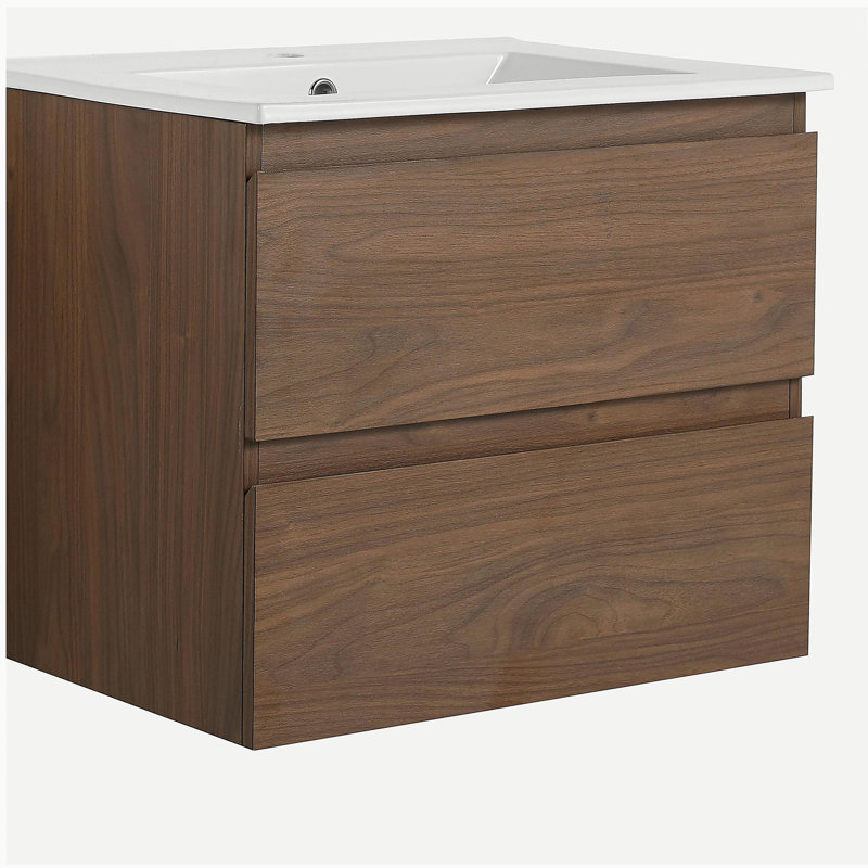 Meuble-lavabo mural 24 po avec lavabo en céramique 2 tiroirs, Chêne brun, 24"