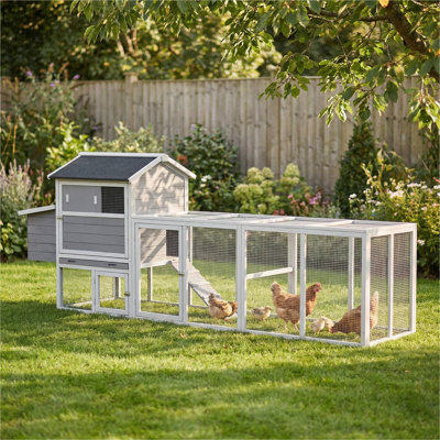 Poulailler en bois gris, grand poulailler extérieur avec cage à poules et cage de nidification, clapier à lapin, panneau anti-UV imperméable pour la cour arrière