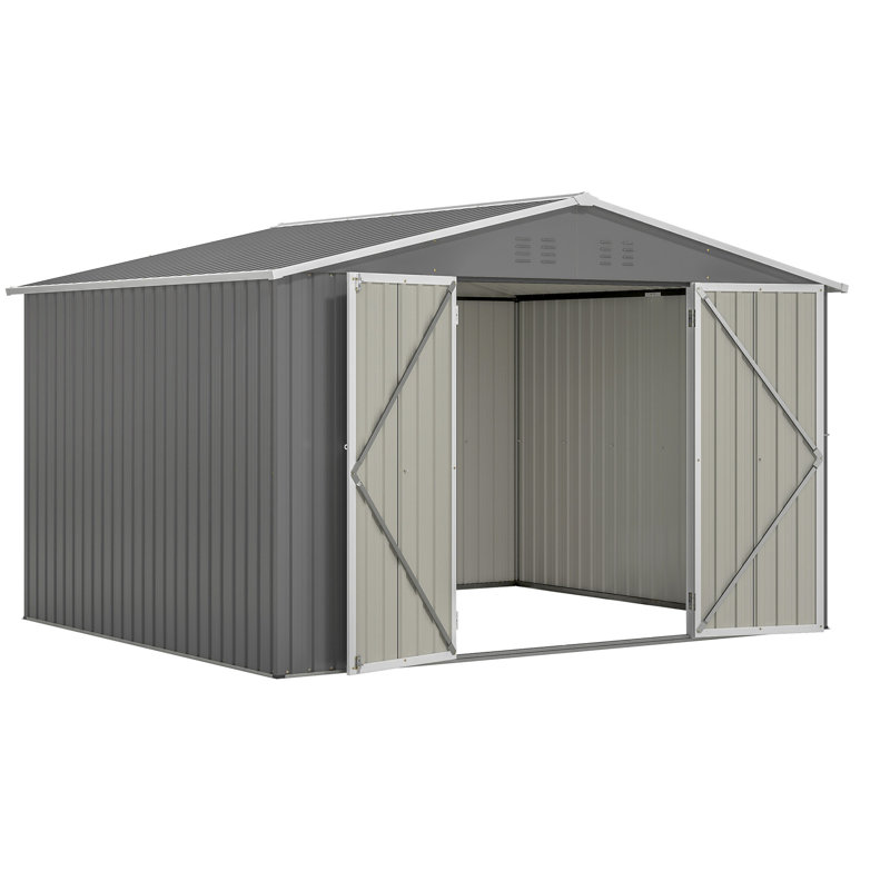 10x8 Ft Outdoor Metal Shed With Lockable Doors - All Weather, Grey Ideal For Garden, Patio, Backyard, Lawn Storage 10x8 Weather Door Secure Space Great