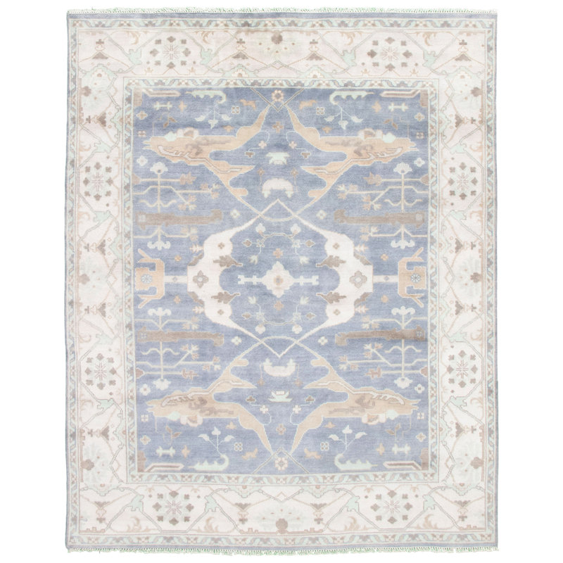 Tapis unique en laine noué à la main 7 pi 10 po x 9 pi 10 po nouvel âge Antoni - crème / bleu / brun