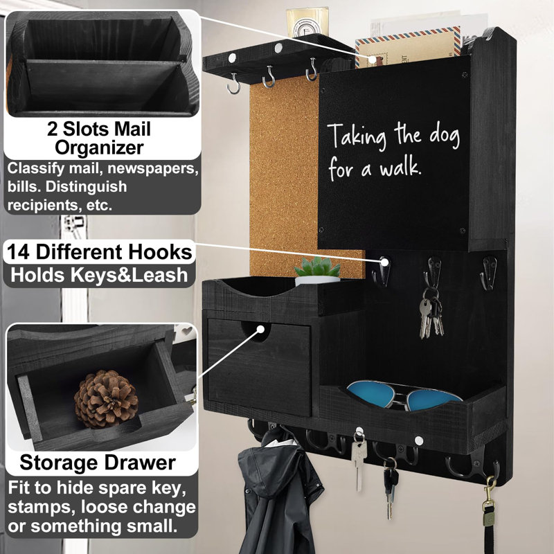 Black Pine Wood Wall Mounted Key and Mail Organizer with Chalkboard and Corkboard