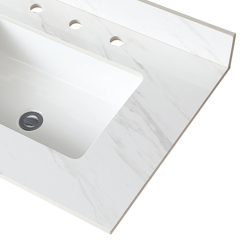 31" Vanity Top For Bathroom - White Sintered Stone With 4" Backsplash And Undermount Sink 31 Inch Counter In White, High Rectangular Sink, Stylish Practical