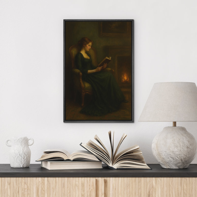 «Woman Reading by the Fireplace Romantic Classic Decor», reproduction d'art sur toile encadrée, Noir, H 24 po x l 16 po