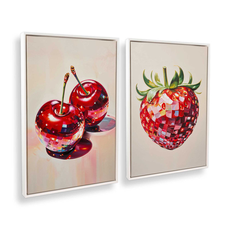 Ensemble de 2 cerises disco et fraises, H 49 po x l 66 po, Cadre flottant blanc opaque