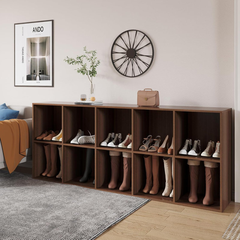 Hokku Designs Shoe Rack, 10 Compartment Open Storage Display Shoes Organizer FSSR018, Walnut