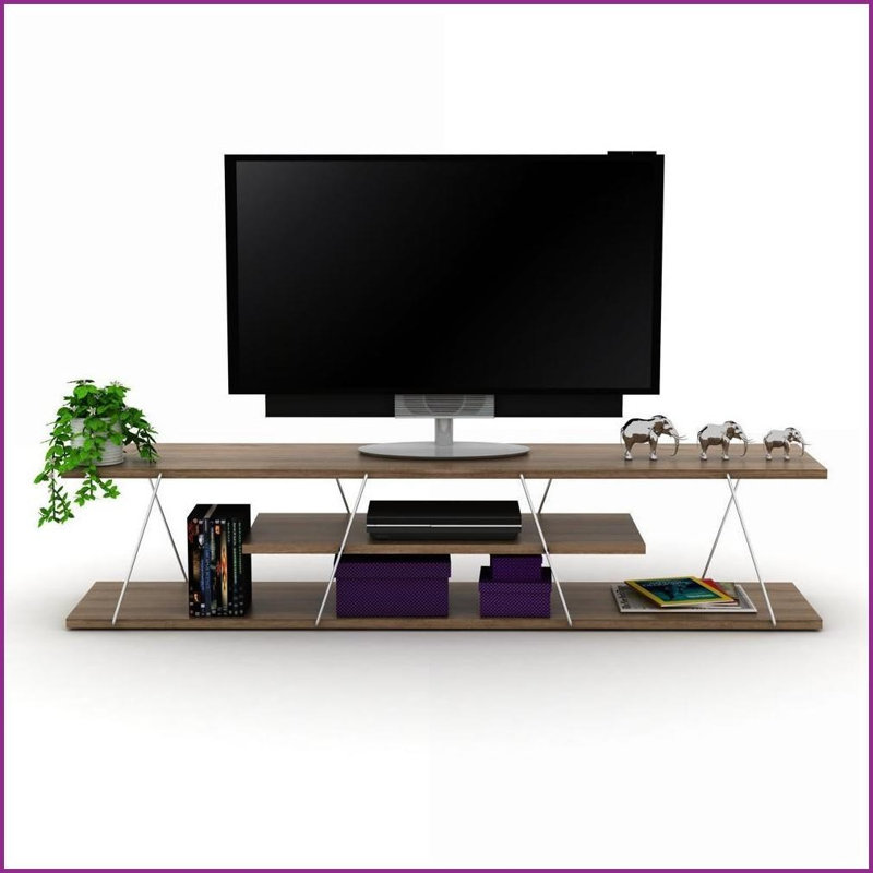 TV Furniture Mid Century Modern 56” TV Stand – 4 Open Shelves, Metal Cord Management, Walnut/Chrome | Walnut | TV Size Ranges