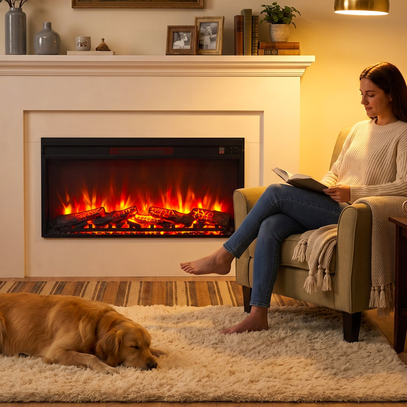 36" Electric Fireplace Insert with Log Set, Realistic 3D Flame, Remote Control, Timer and Adjustable Brightness