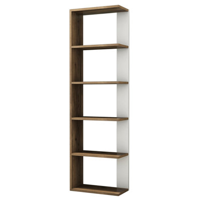 Bibliothèque moderne scandinave, noyer et blanc, 18,5 po x 63,0 po x 9,4 po | 100% panneau de particules enduit de mélamine, épaisseur: 0,7 pouce | Nombreuses tablettes murales parfaites pour la maison et l'école