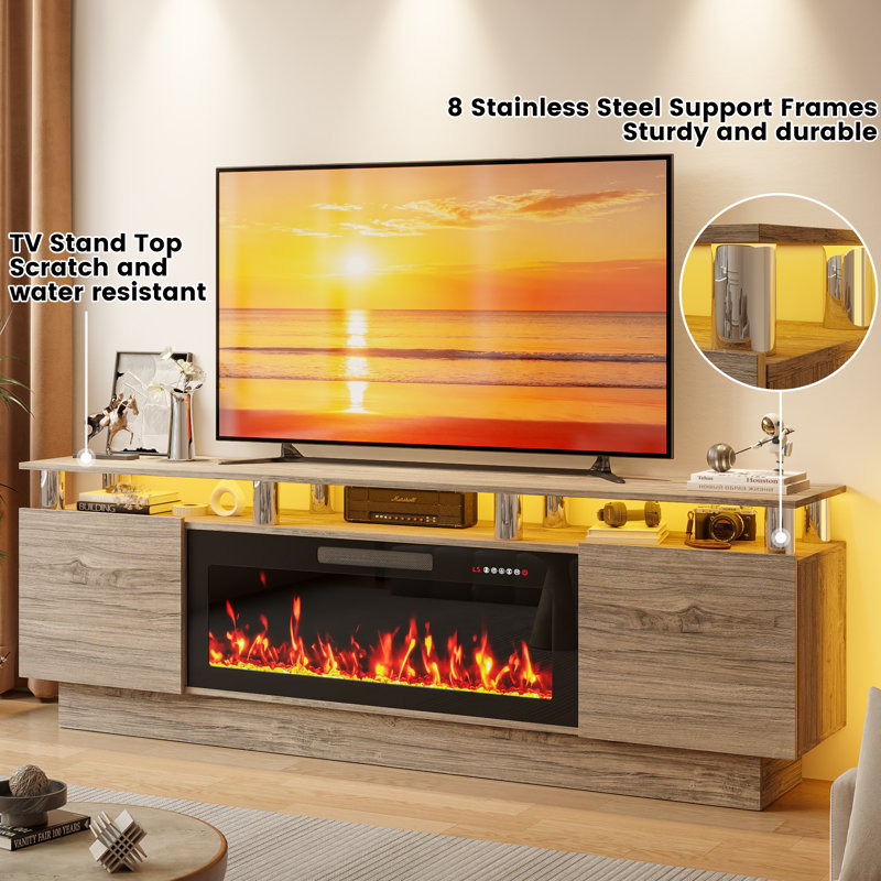 Alazik TV Stand with Electric Fireplace, Gray/Silver, Black, 24”H x 14”L x 70”W