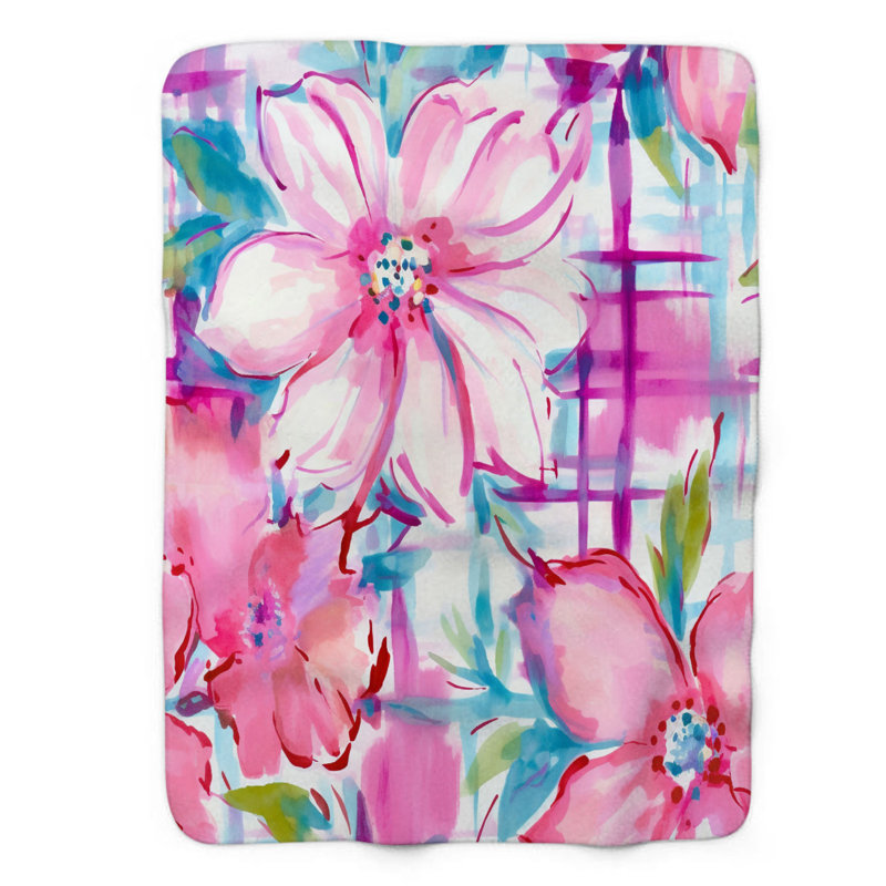 Aquarelle florale à carreaux - couverture sherpa de qualité supérieure 1 pièce, L 60 po x L 80 po