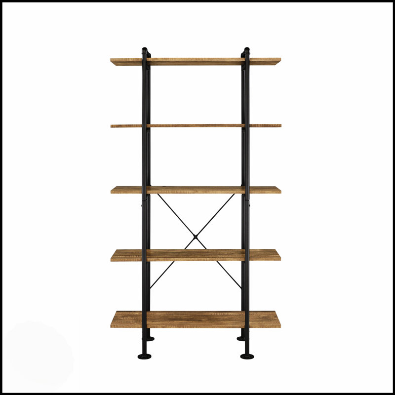 Rustic Oak And Black 5-Shelf Bookcase With Ample Storage And Modern Elegance, Perfect For Home And Office Use.
