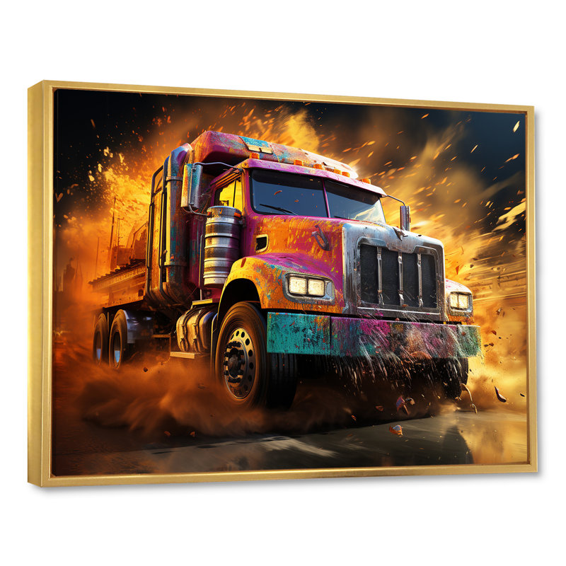 «Expressionist Monster Truck Fury IV» sur toile, Cadre flottant doré, H 12 po x l 20 po x P 1 po