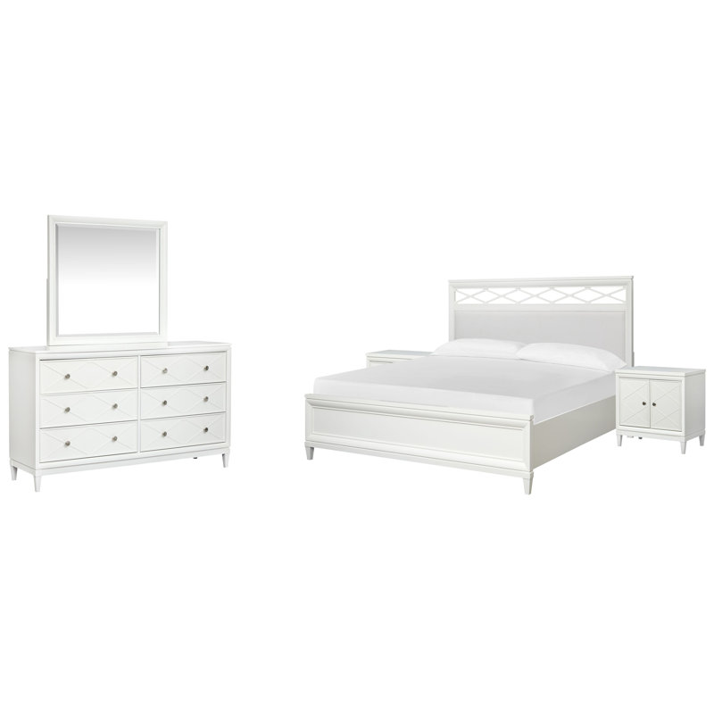 Colby très grand lit tapissier 2 portes avec tables de chevet et commode double avec miroir, Très grand
