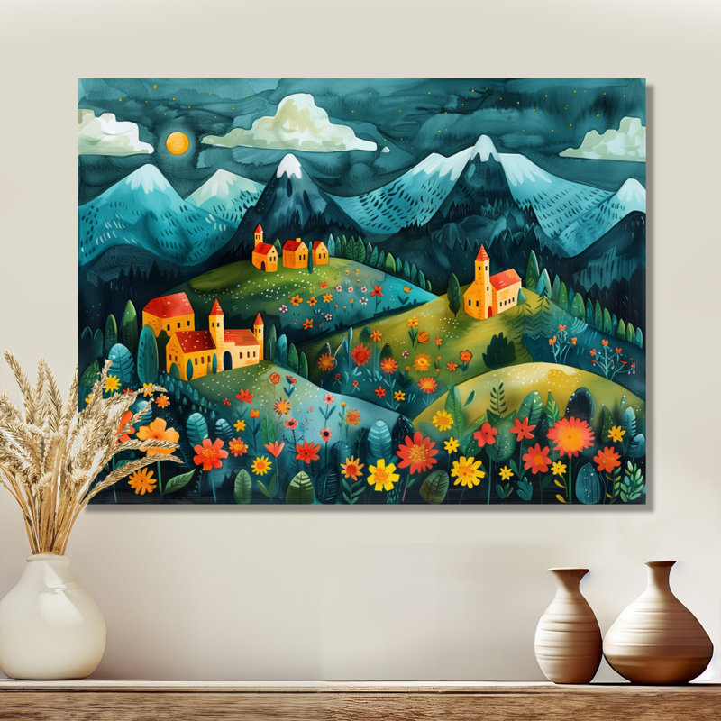 «Blue Red Summer Mountain Village Dream», reproduction d'art mural de ferme, Toile tendue, H 34 po x l 44 po