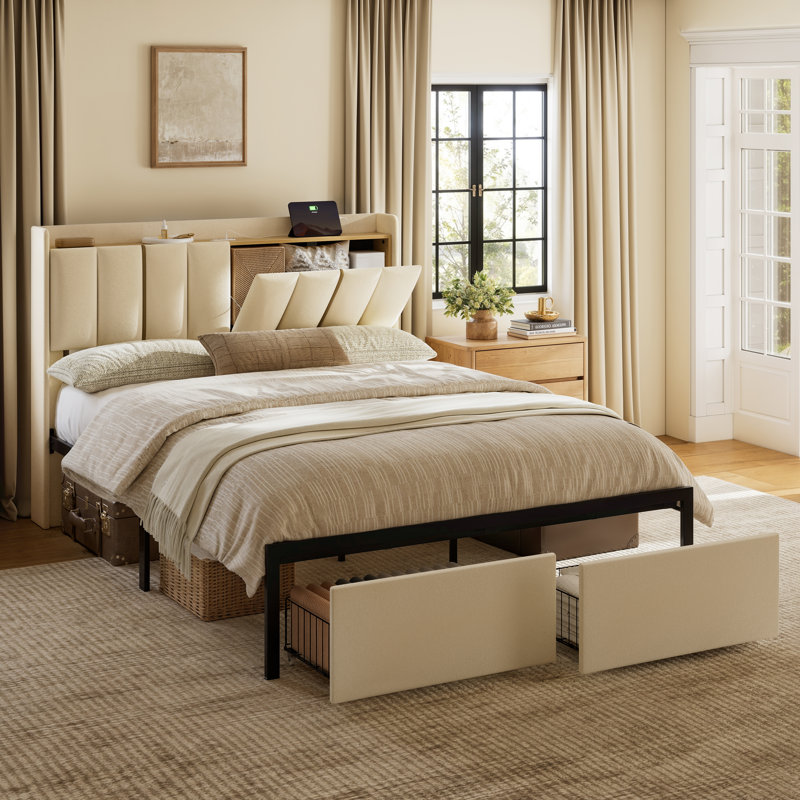 Upholstered Full Bed with 2 Drawers and Open Storage Headboard，Platform Bed with Charging Station, No Spring Boxing Needed, Beige