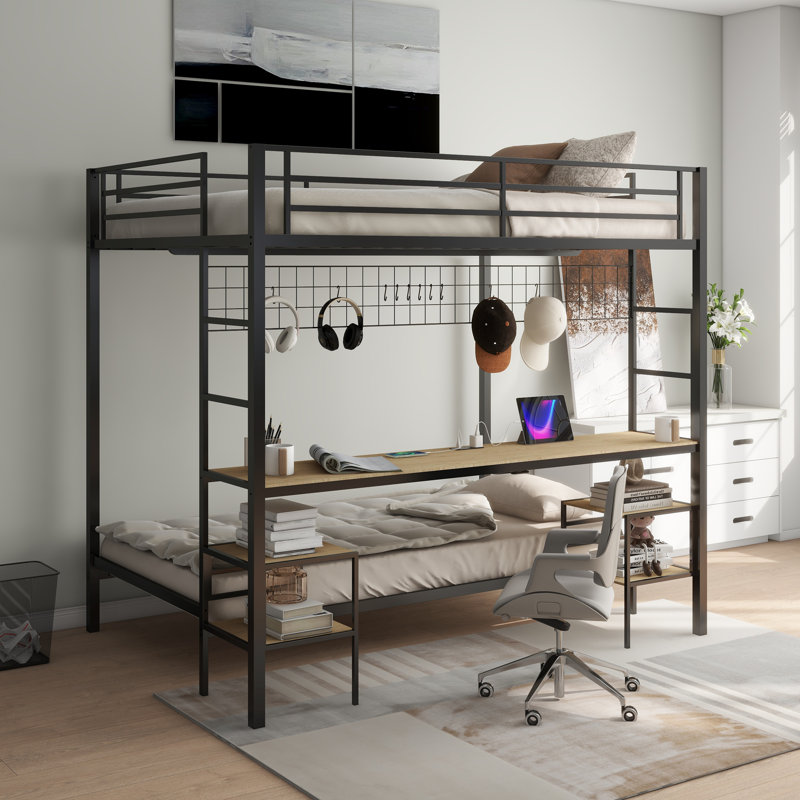 Ethan Full Over Twin Bunk Bed With Desk And Charging Station And Storage Shelves And Metal Wire Mesh Panel With Hooks For Teen,Safety Guard & Stairs,No Box Spring Needed, Black & Nature Oak