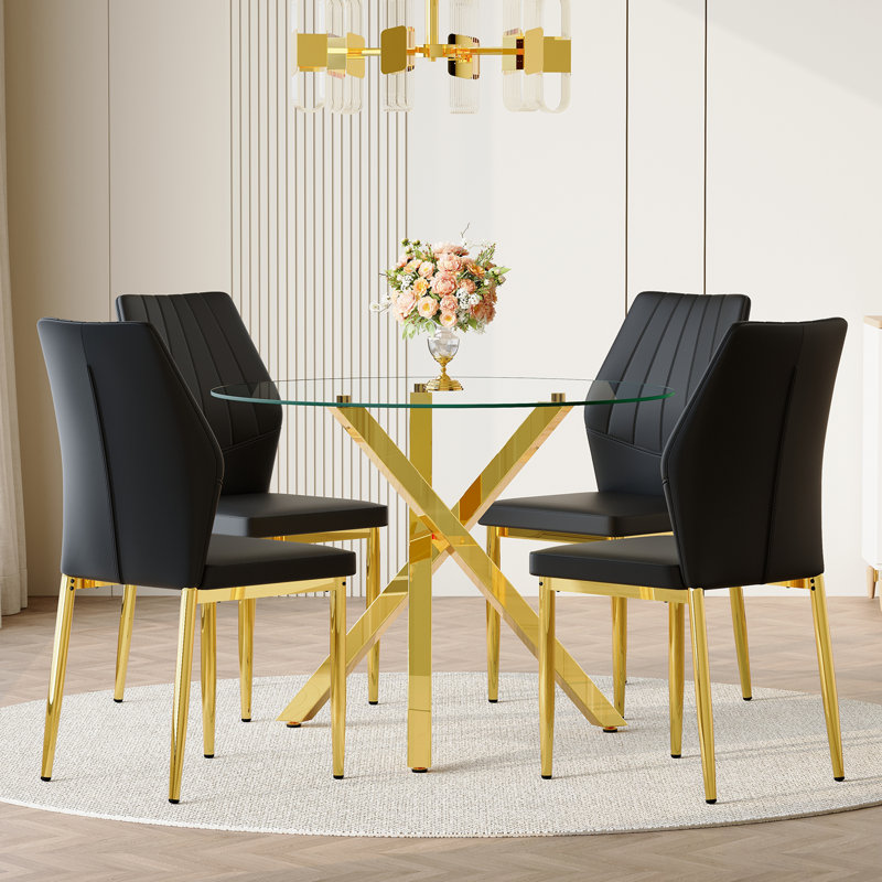 Ensemble de table de salle à manger 5 pièces avec table ronde et 4 chaises, Noir, Doré