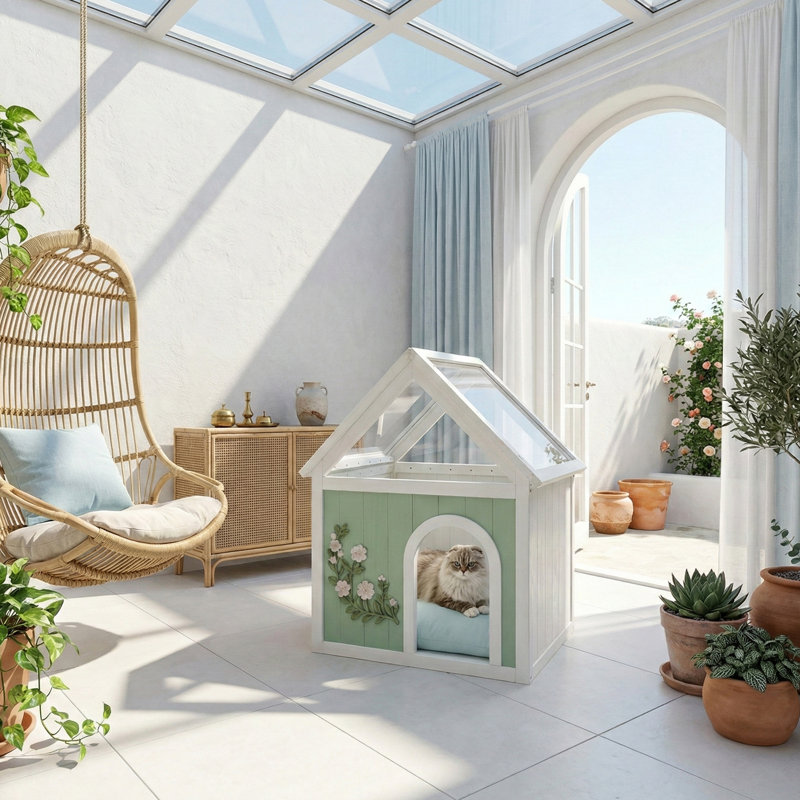 Maison pour chat en cèdre avec toit en acrylique transparent certifié SSC FAGE - Maison pour animaux en bois pour petits chats et chiens