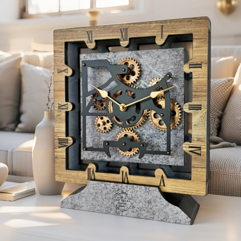 Horloge de bureau carrée en bois 10 pouces avec engrenages mobiles réels (transformable en horloge murale - base amovible) Collection Canada