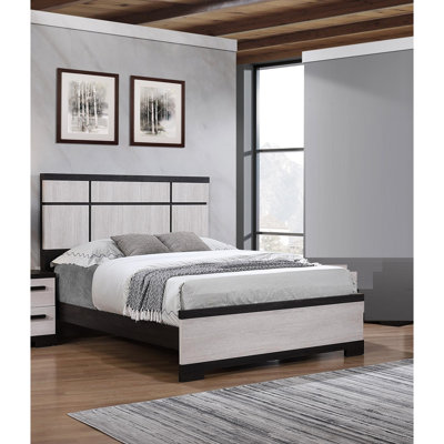 Contemporary Queen Size Bed With Geometric Panel - Style Two Toned Headboard, Ebony And Cream Colors, Rustic Charm, Wood For Bedroom, Simple Assembly Modern, Bed, Chalk Finish, Transitional Look,