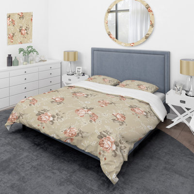 Cream Flowers And Brown Leaf Polyester No Floral Duvet Cover