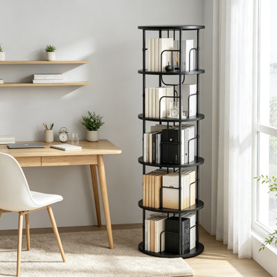 Five Tier Rotating Bookshelf, 360 Degree Spinning Book Tower, Freestanding Swivel Bookcase with Open Shelves, Narrow Storage Organizer for Living Room, Bedroom, Home Office