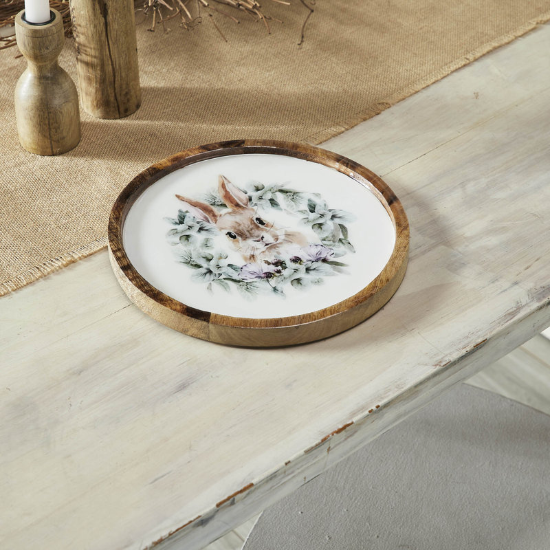 Assiette en bois Bunny Hop naturel avec lapin et couronne, H 10 po x l 10 po x P 0,75 po