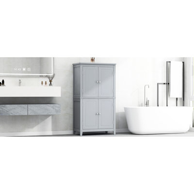 Grey Bathroom Cabinet With 4 Doors, Adjustable Shelves, Water- Surface, Stylish Design Doors And Water-, Spacious Storage For Items