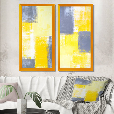 «Yellow and Gray Merging Abstract», ensemble de 2 peintures sur toile