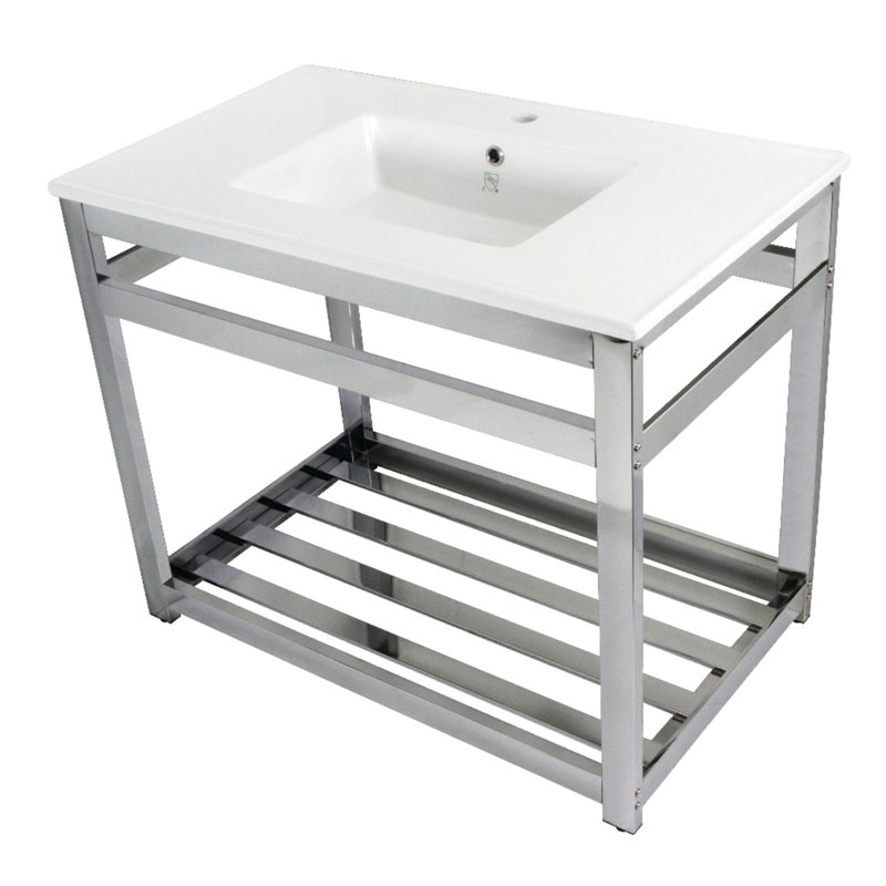 Kingston Brass Quadras 37-Inch Ceramic Console Sink with Steel Base and Shelf (1-Hole), White/Polished Chrome