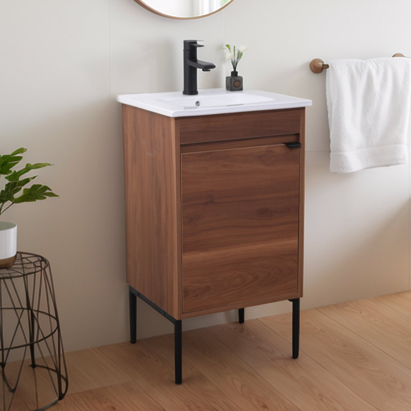 Petit meuble-lavabo simple en noyer 18 po avec lavabo en céramique 18 po