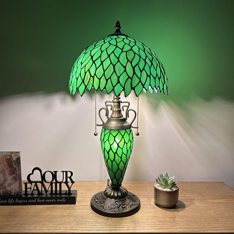Green Stained Glass Tiffany Table Lamp with Bronze Base, 22" Height